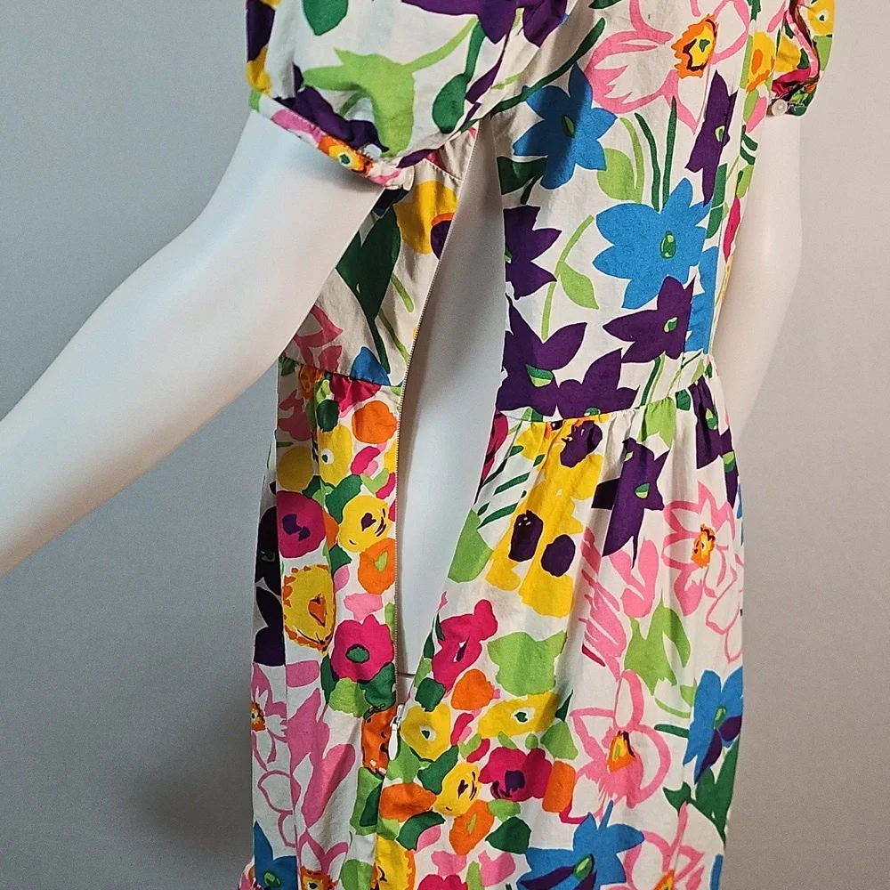 J. Crew 100% Cotton Vibrant Multi-Color Floral Puff Sleeve Ruffle Hem Dress - Picture 10 of 16